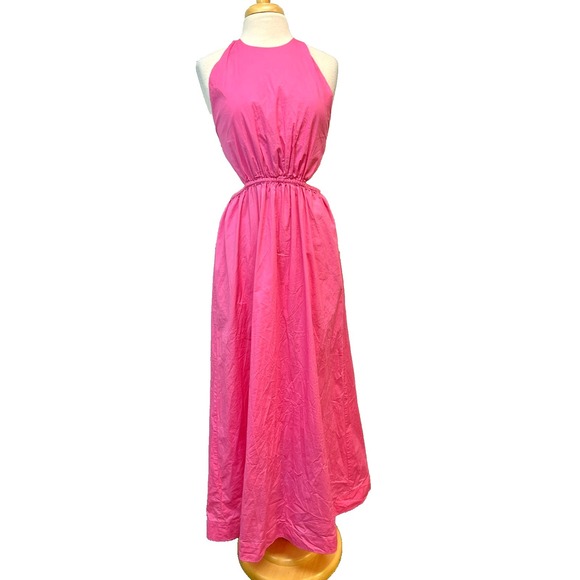 Straud Apfel Long Halter Dress Pink Cotton Open Back w/ Ties Full Skirt SZ  L - Picture 4 of 16